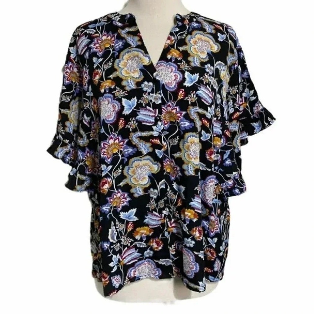 Maggie & Max Blouse XL Black Floral Paisley Ruffle Sleeve V-Neck Boho Top